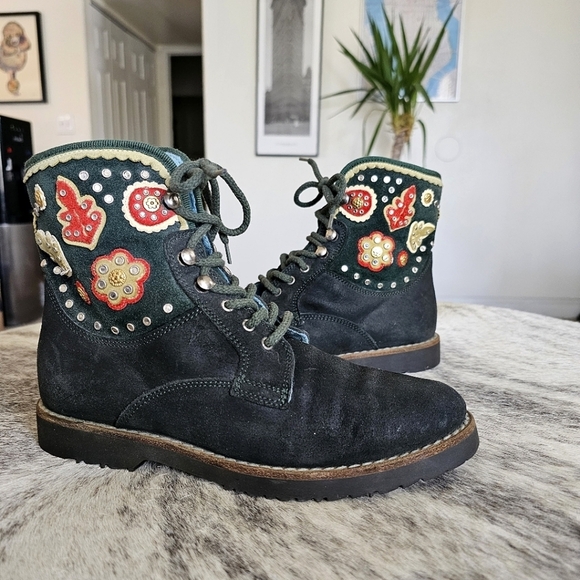 Mariagrazia Ripari Vintage Suede Embroidered Floral Studded Lace Up Boots - Picture 5 of 12
